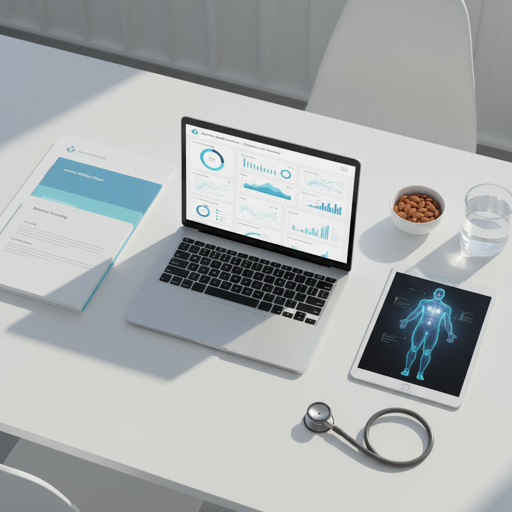 An overhead photographic view of a modern preventive wellness workspace, showing a spotless white desk with a thin silver laptop displaying a dashboard of preventive health analytics, alongside a neat stack of blue and teal medical reports, a digital tablet showing a body scan, and a stethoscope coiled with precision. A clear glass of water and a small, healthy snack of almonds in a white bowl sit nearby, suggesting holistic care. Natural daylight from an unseen side window washes over the scene, creating soft, elongated shadows and a calm, focused mood. The minimalist, clean composition emphasizes clarity and order, with a professional, data-driven aesthetic that reflects Noventra Health’s leadership in preventive wellness.