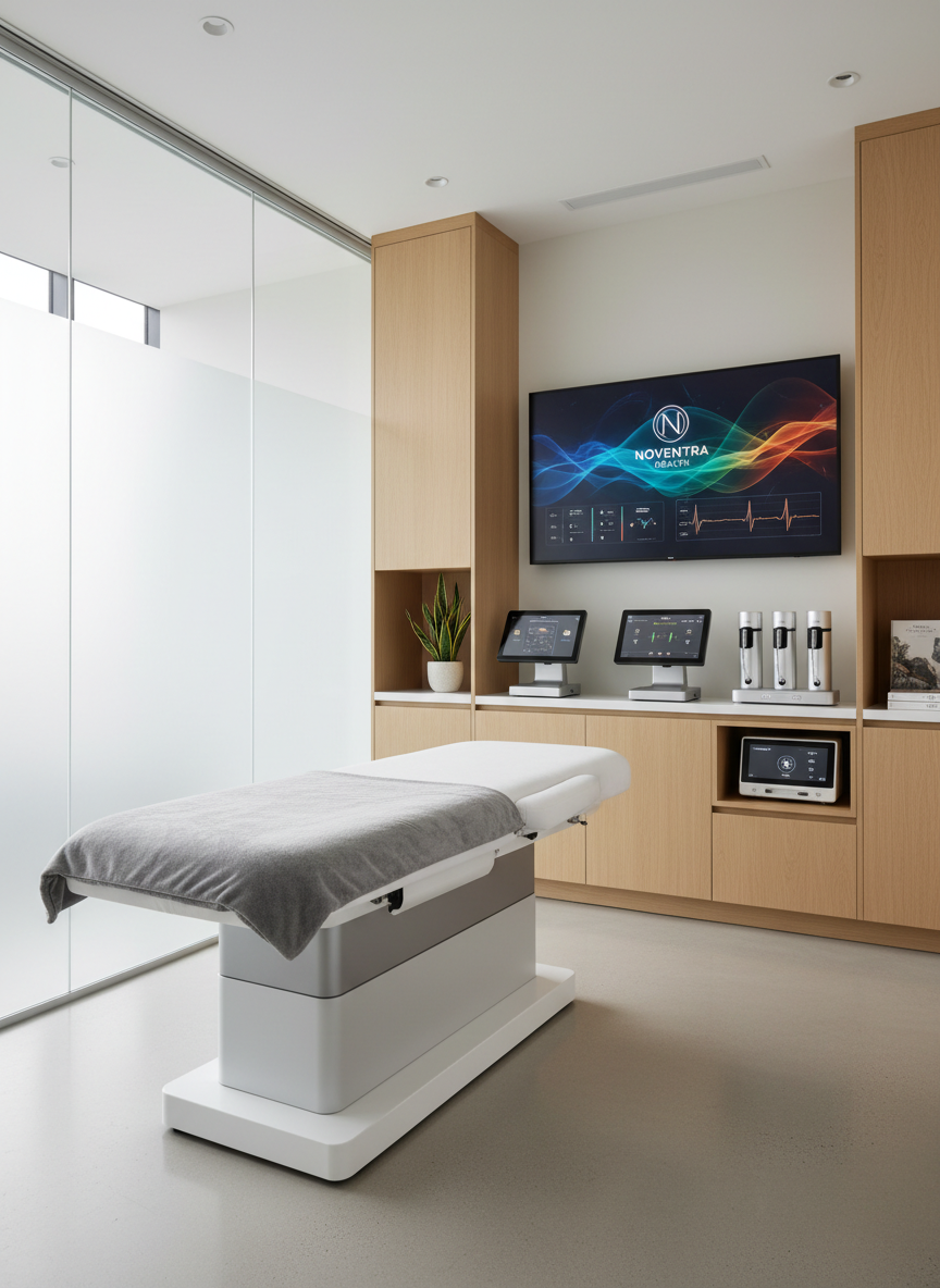 A meticulously organized preventive wellness consultation room without any people, featuring a sleek white examination table with a soft gray cover, neatly arranged digital health monitors, and a wall-mounted display showing colorful, abstract health metrics and heart-rate graphs. The room is enclosed by frosted glass panels and light oak cabinetry, with a small green plant adding a hint of nature. Soft, diffused daylight pours in from a large window, creating gentle reflections on the polished floor and subtle shadows under the equipment. Photographed at eye level with sharp focus and clean, photographic realism, the composition uses the rule of thirds to highlight the technology and environment, evoking a professional, reassuring, and forward-thinking healthcare atmosphere for Noventra Health.
